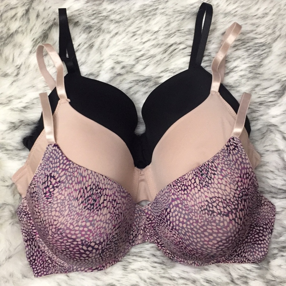 3-Pack Women's T-Shirt Bras in Black, Nude & Purple Print